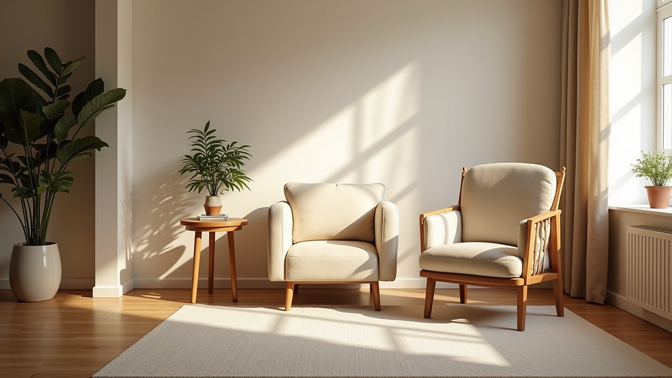 Eye-level view of a cozy room with a comfortable chair and soft lighting for wellness coaching