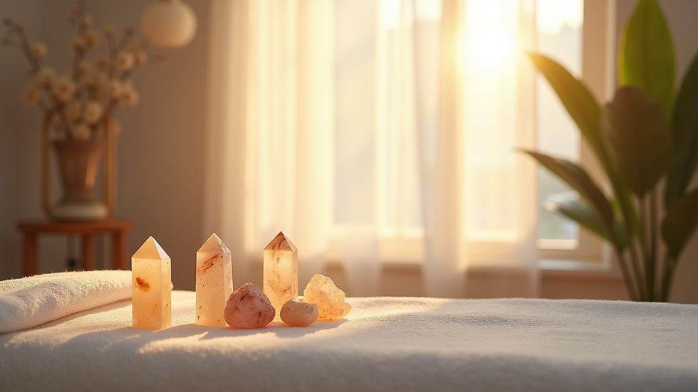 Eye-level view of a peaceful therapy room with soft lighting and healing crystals