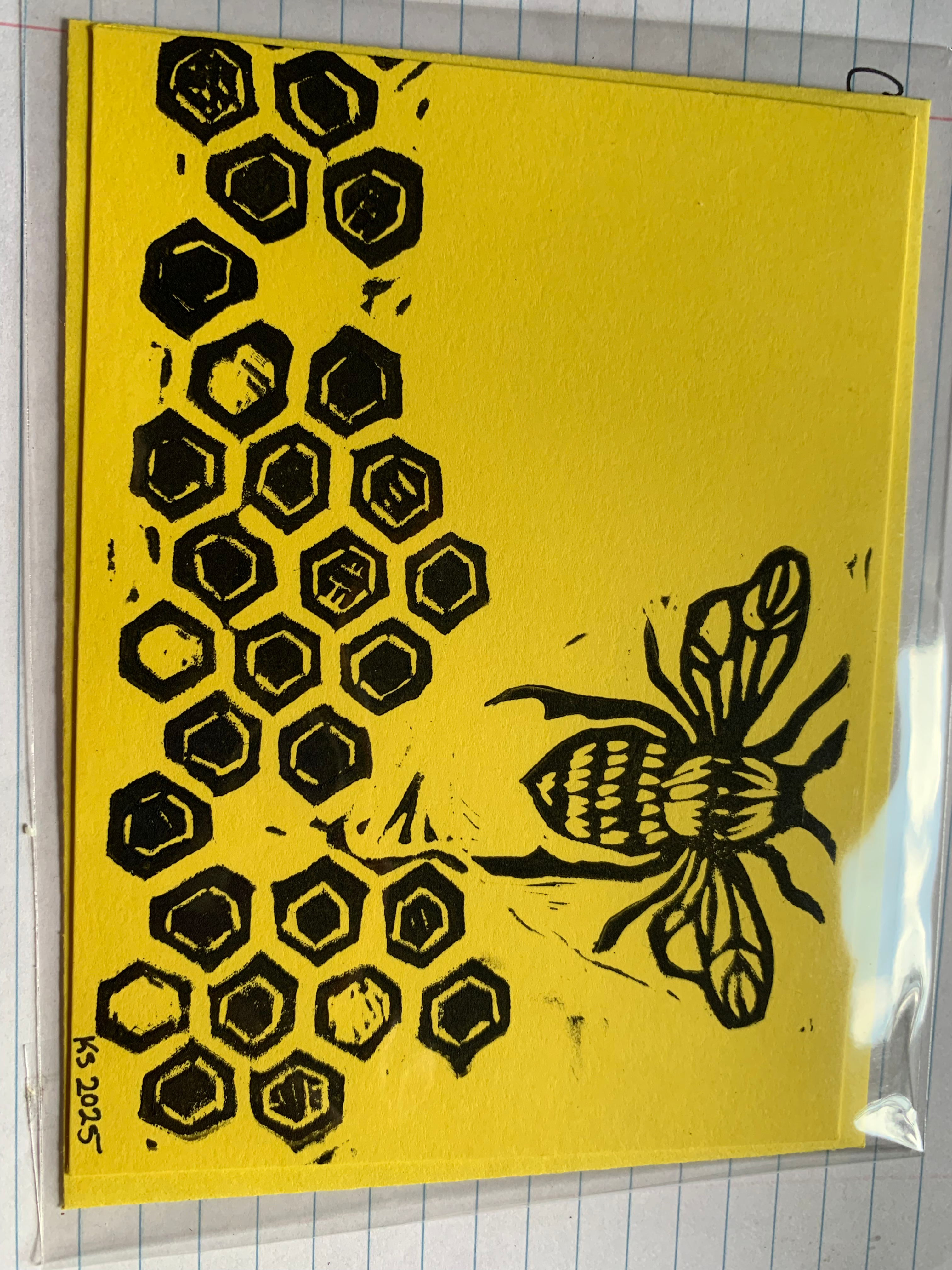 Honeycomb Bees Bi Fold Block Printed Card and Envelope 