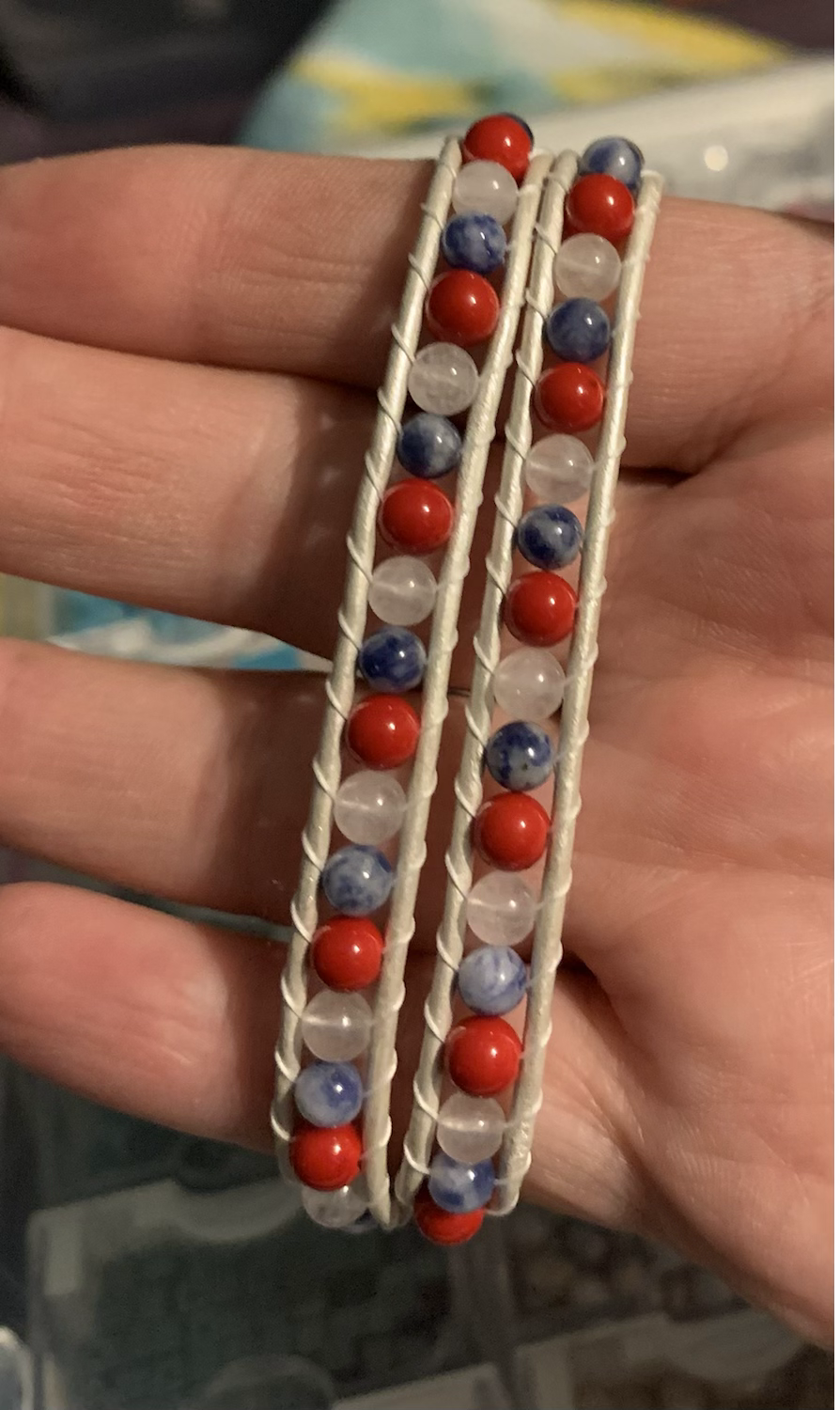 Thumbnail: Mixed Stone Double Wrap Leather Bracelet 