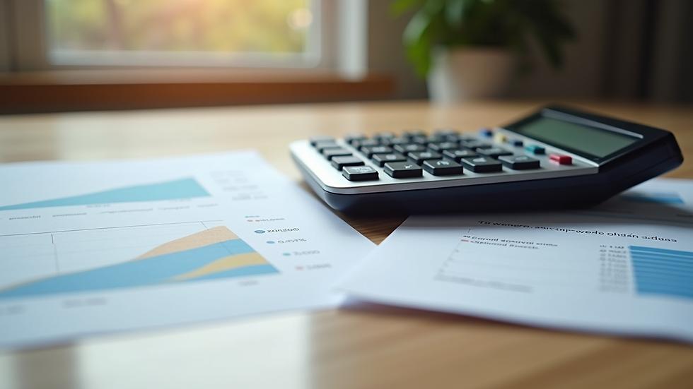 Eye-level view of a calculator and financial documents on a wooden table