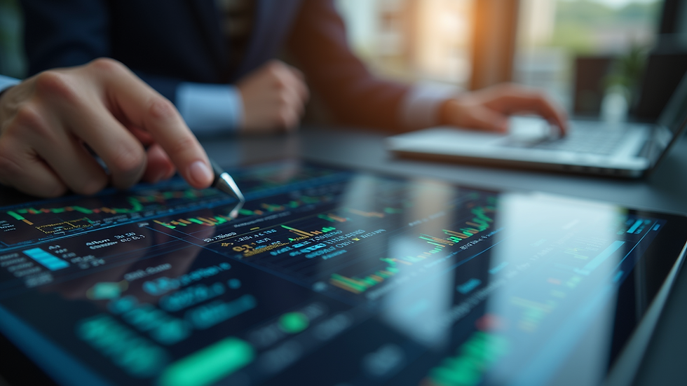 Eye-level view of a financial analyst reviewing data on a digital tablet
