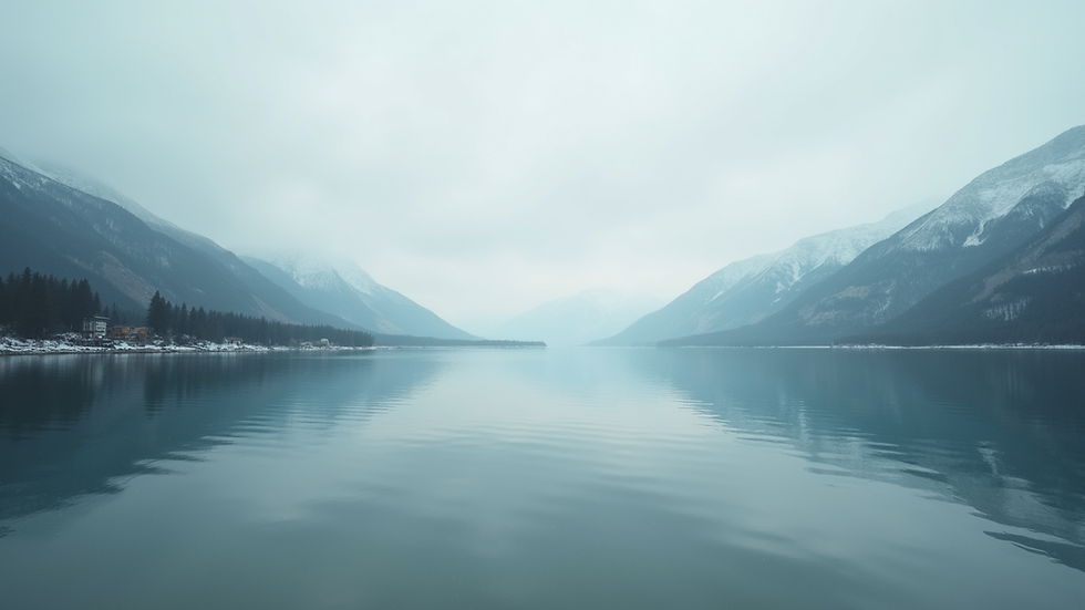 Wide angle view of a serene landscape with a calm lake and mountains in the background