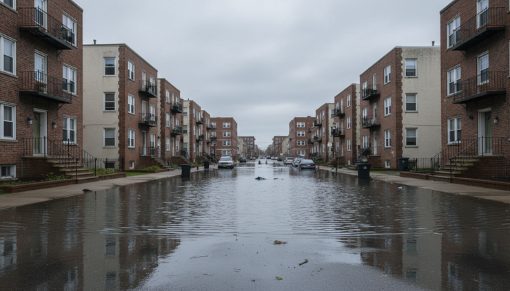 Wide-angle view of a flooded residential street with apartment buildings in the background