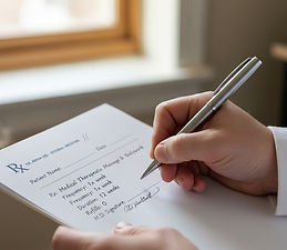 realistic doctor's hands writing on a rx perscription pad saying recommending _medical the