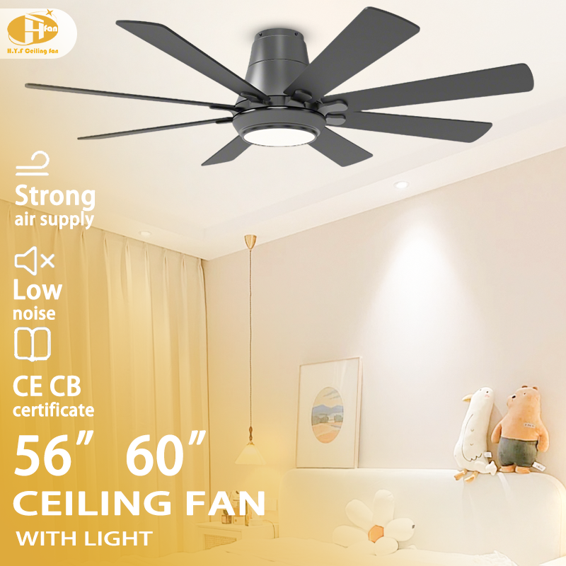 60 inch wood ceiling fan with light, eight black plywood blades in a bedroom graphic labeled 56 and 60 inches.