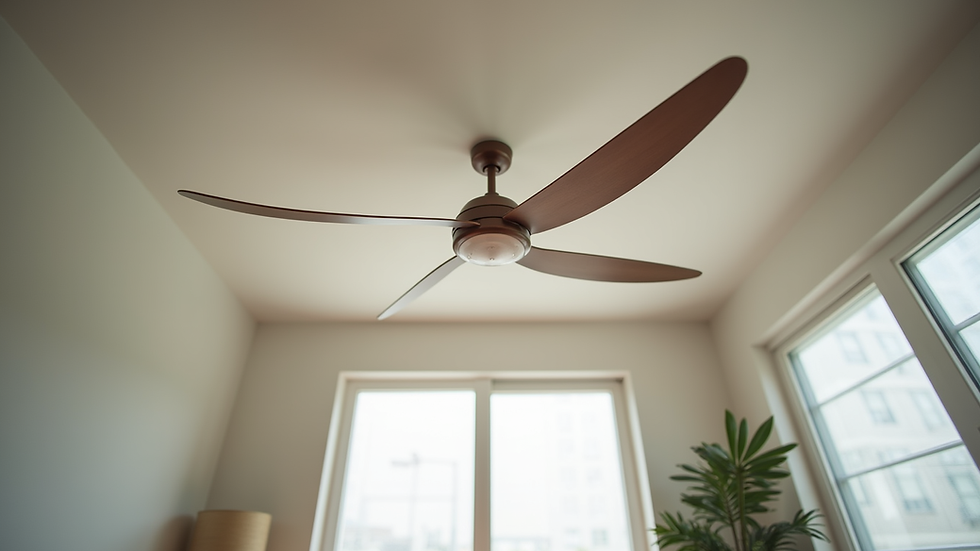 Eye-level view of a large modern ceiling fan installed in a spacious room
