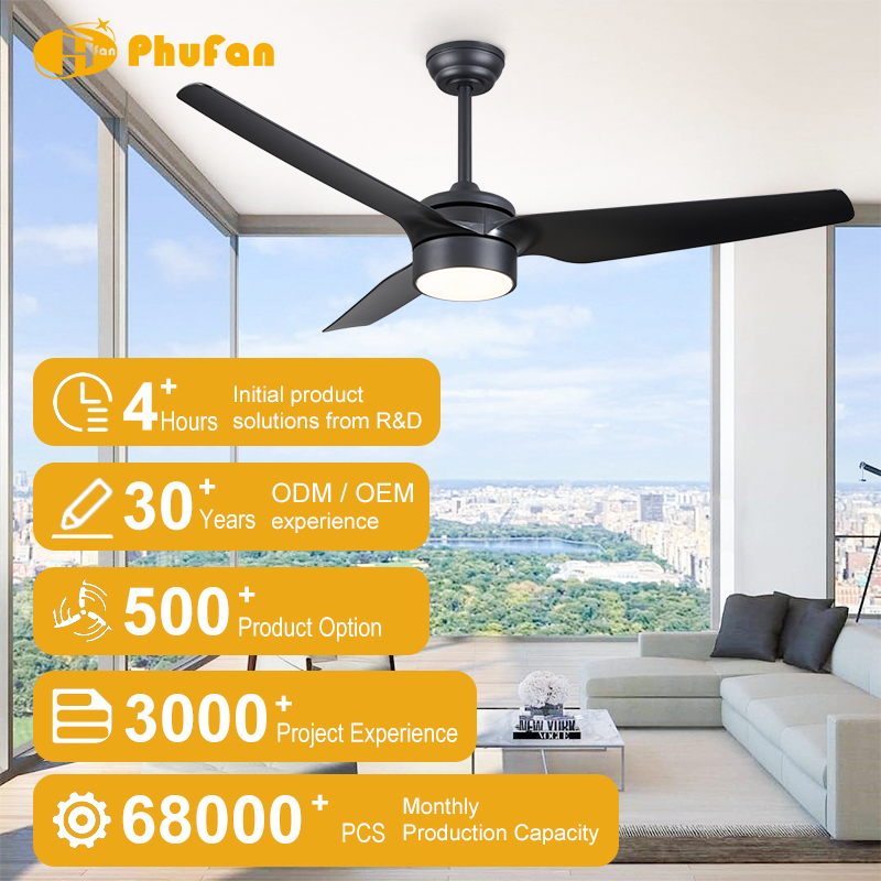 56 inch ceiling fan with light for living room, three black blades above a sofa beside tall windows in an illustration.