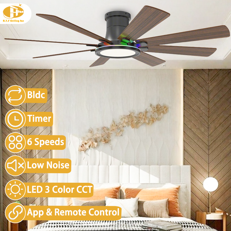 RGB ceiling fan with light for bedroom, eight wood-grain blades and a flush-mount housing shown in a feature illustration.
