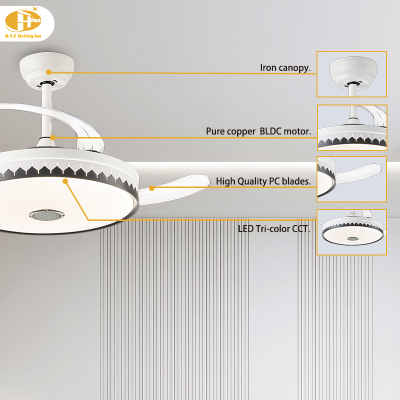 Retractable Blades Ceiling Fan with Light Remote Control for Bedroom & Dining