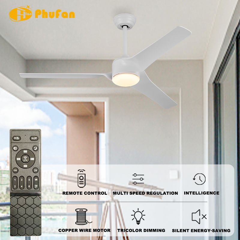 White three-blade ABS fan light pictured beside remote-control feature icons in a bright interior illustration.