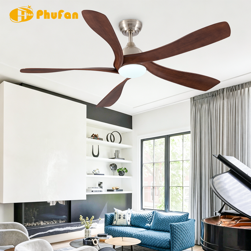 Dark Walnut Wood Grain Ceiling Fan Light Reversible DC Motor for Farmhouse
