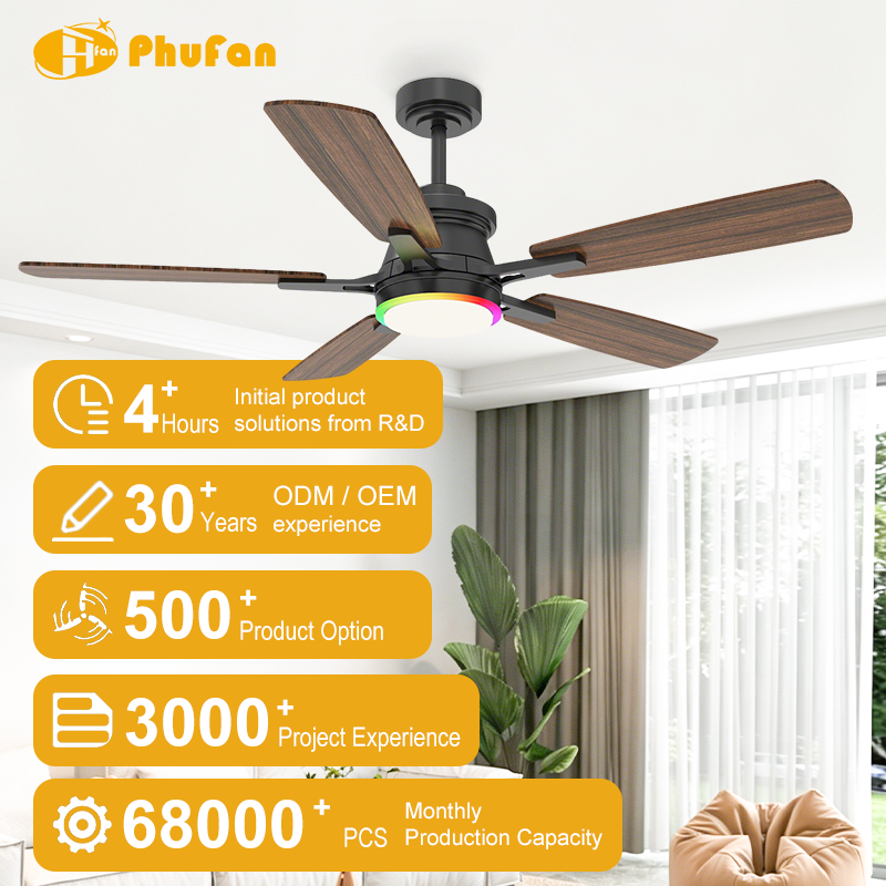 Five-blade wood-grain fan with a central LED light and RGB ring, pictured in a bright room illustration.