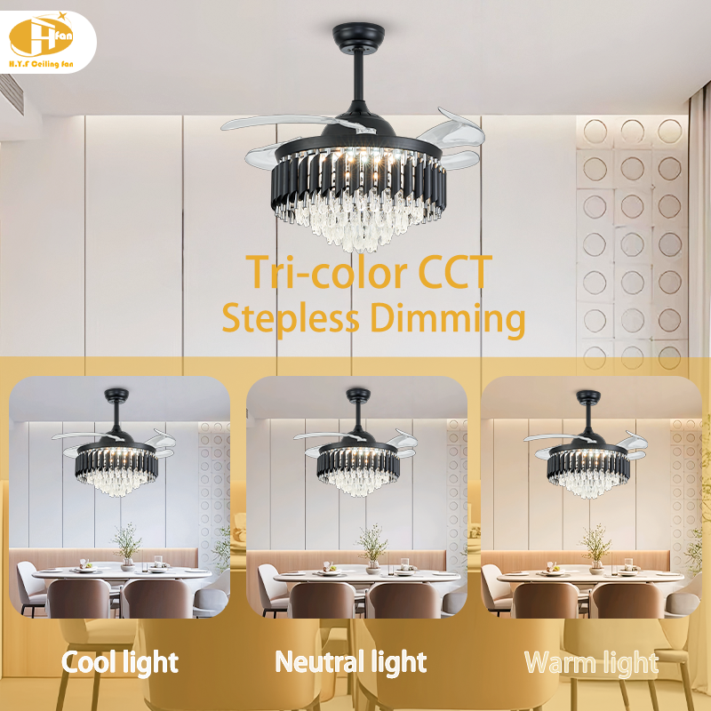Crystal Ceiling Fan Light, Hidden Transparent Blades, Remote Control for Dining
