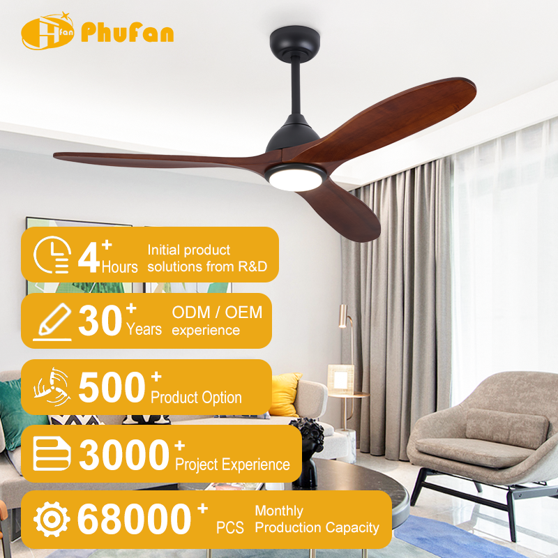 Solid Wood Blades Ceiling Fan, Dimmable LED Light & Remote Control for Bedroom