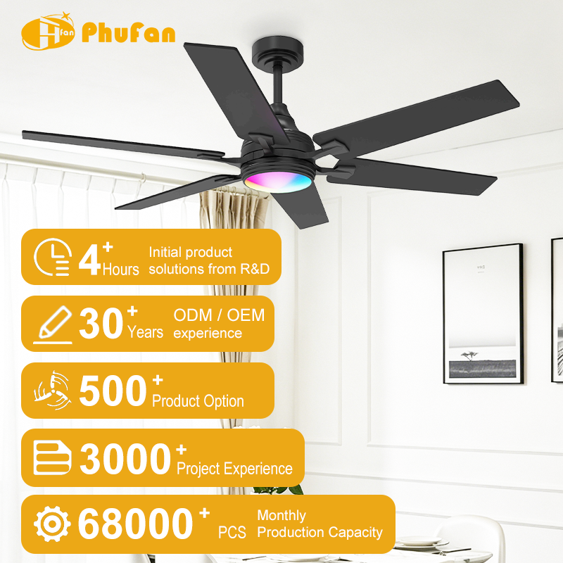 Black five-blade fan with a glowing RGB light, pictured in a room illustration with white paneled walls.