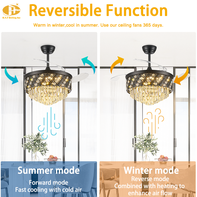 Round Dual-Layer Crystal Retractable Ceiling Fan Light Remote Control for Villa