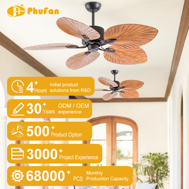 Palm-leaf ceiling fans without lights pictured along a bright interior hallway, with textured wood-grain ABS blades.