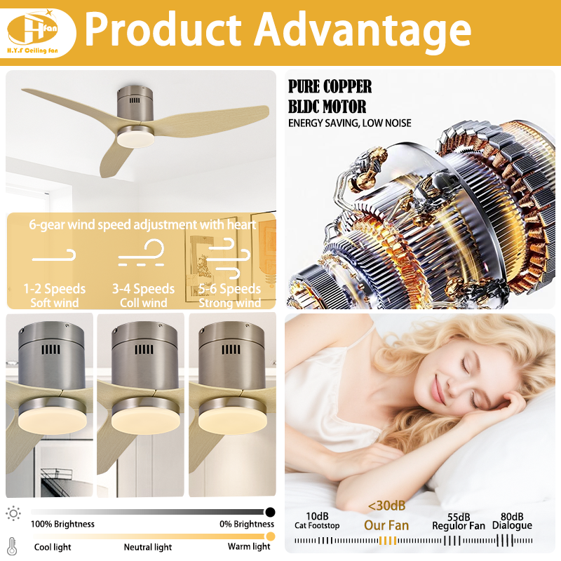 Slim Flush Mount Ceiling Fan with LED Light DC Motor for Low Ceiling Small Rooms
