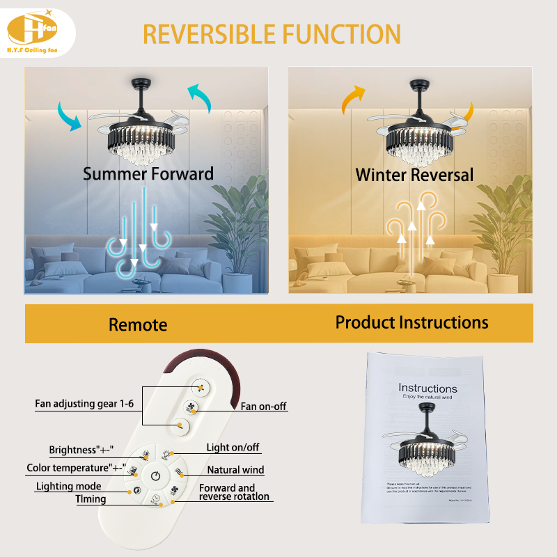 Crystal Ceiling Fan Light, Hidden Transparent Blades, Remote Control for Dining