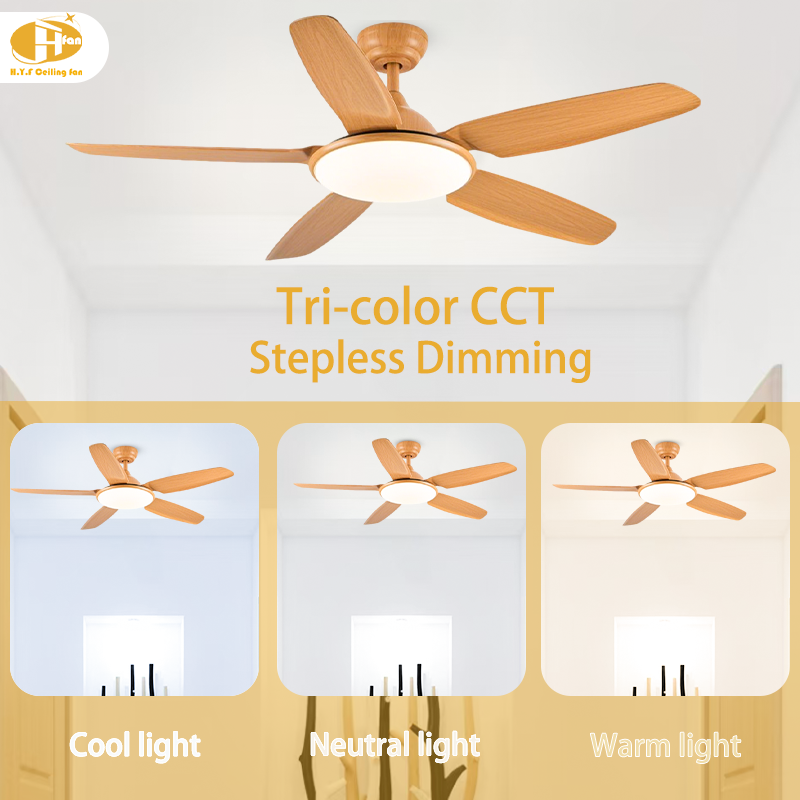 Wood Grain ABS Ceiling Fan with LED Light, Reversible & Remote Control for Villa