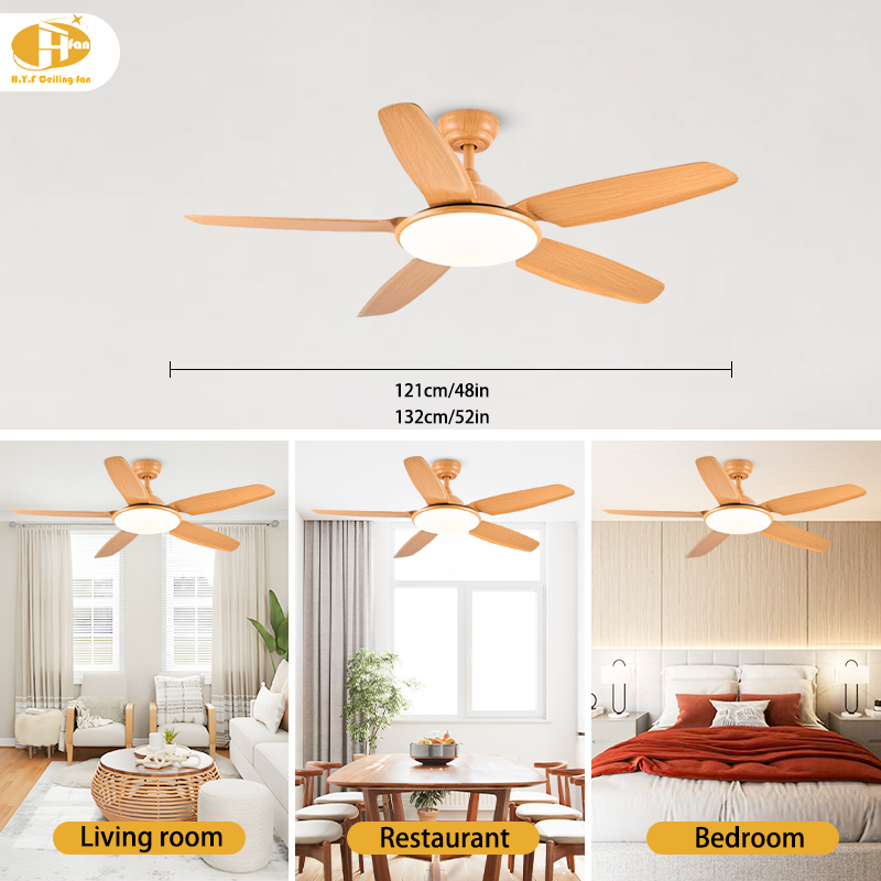 Wood Grain ABS Ceiling Fan with LED Light, Reversible & Remote Control for Villa