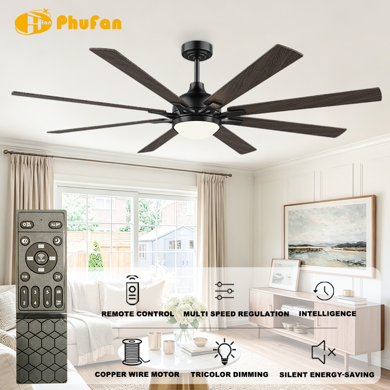 Wood grain ceiling fan with light for living room, eight long blades and black housing in an interior illustration.