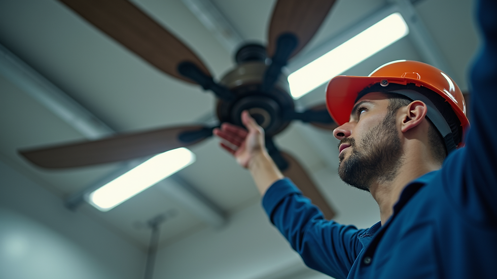 Close-up view of a technician inspecting a large ceiling fan blade for maintenance