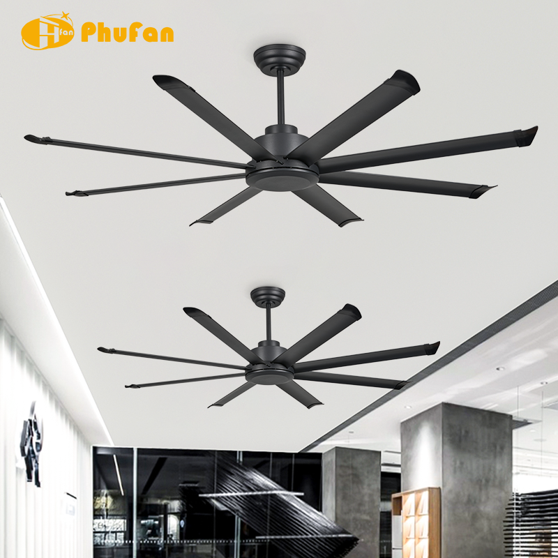 8-Blade Matte Black Large Ceiling Fan Without Light DC Motor & Remote Control