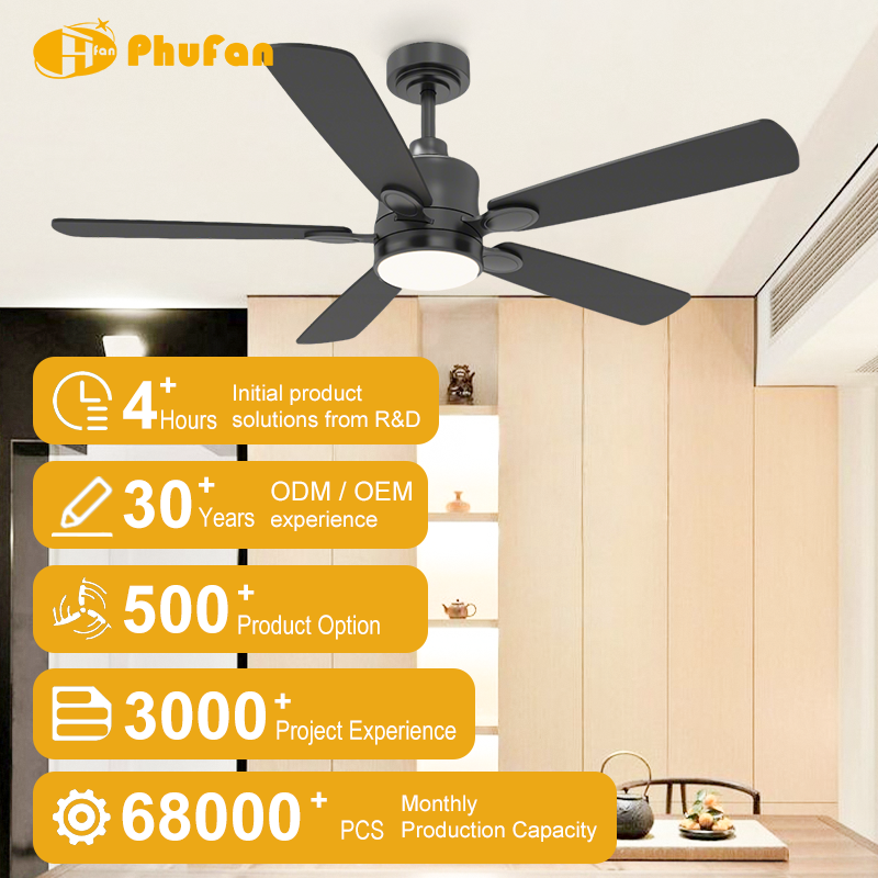 Black ceiling fan with light for living room, five straight plywood blades pictured in an interior illustration.