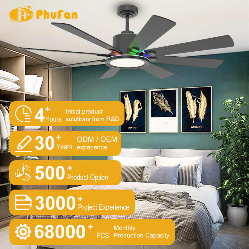 8-Blade Downrod Mount Ceiling Fan Reversible Wood Blades RGB Ambient LED Light