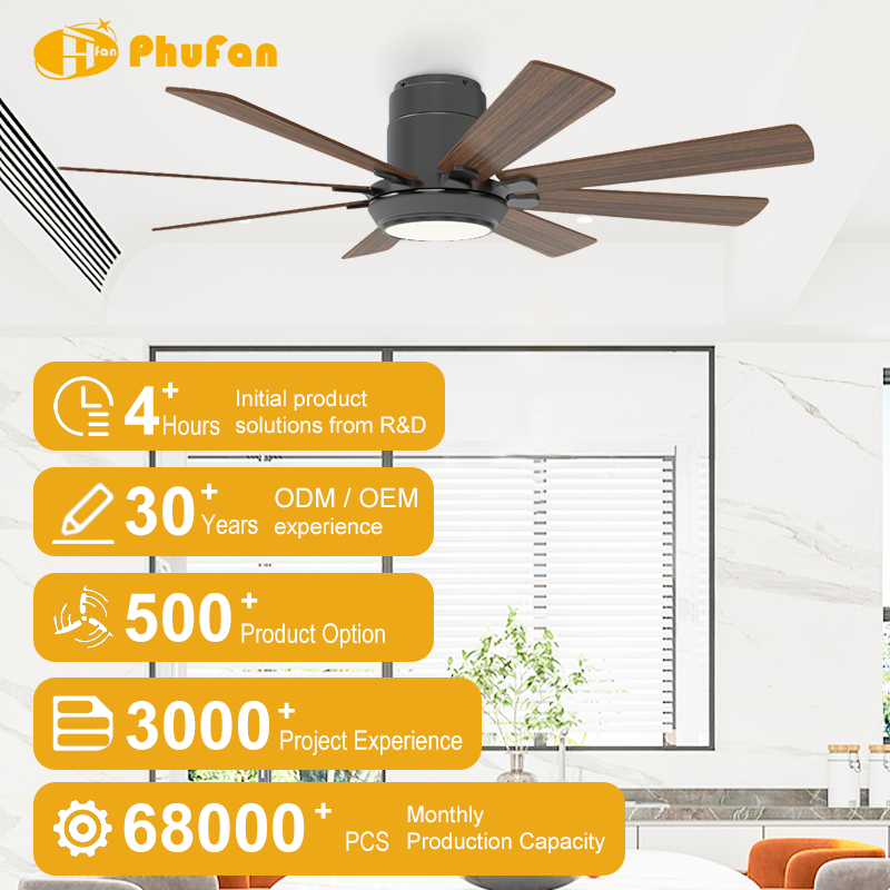 Flush mount ceiling fan with light for family room, eight wood-grain blades shown above an orange sofa.