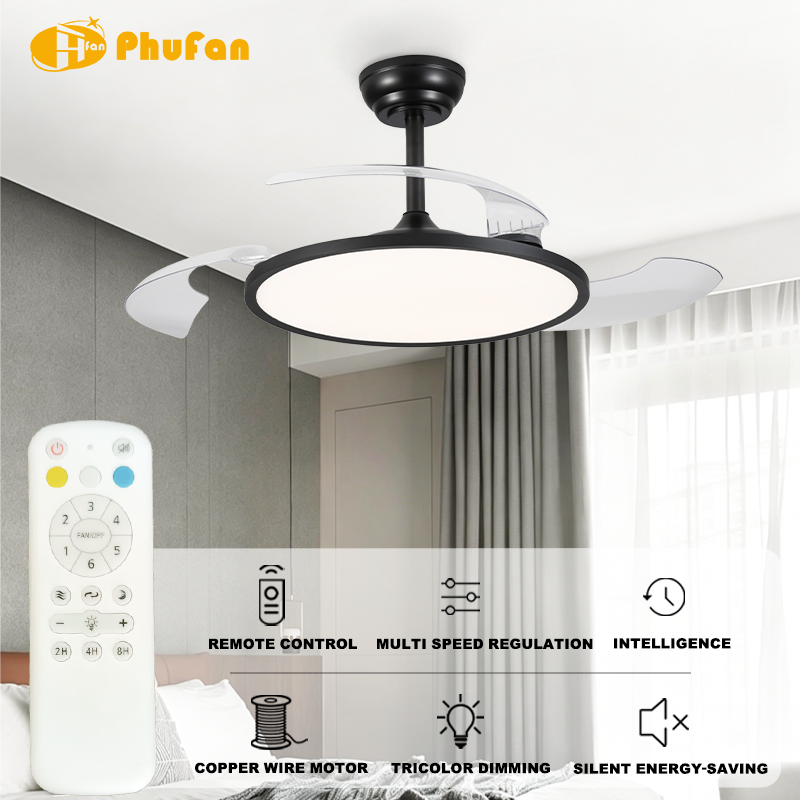 Black retractable fan light with clear blades and a broad LED panel, shown beside its remote and control icons.