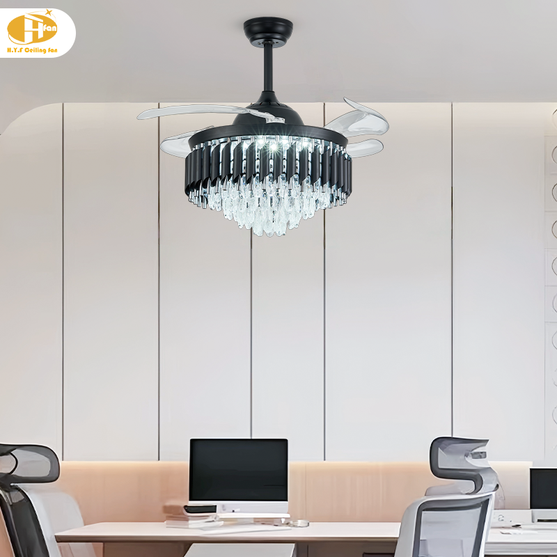 Crystal Ceiling Fan Light, Hidden Transparent Blades, Remote Control for Dining