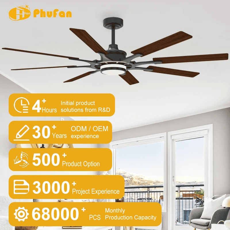 72 inch wood blade ceiling fan with light, eight plywood blades with wood grain in a living room illustration.
