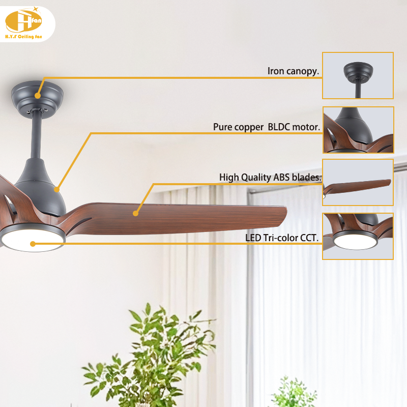 Labeled component diagram of a wood-grain ABS fan light, showing the canopy, brushless DC motor, blades and LED panel.