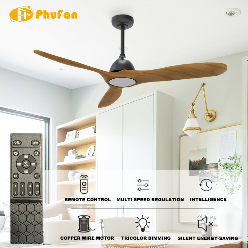 Solid Wood Blades Ceiling Fan, Dimmable LED Light & Remote Control for Bedroom