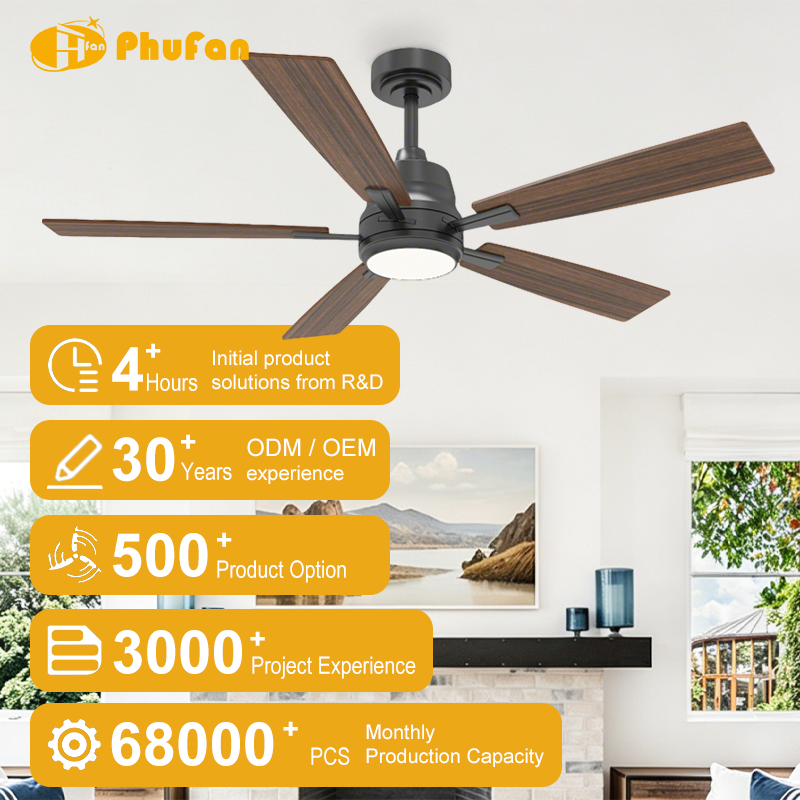Wood grain ceiling fan with light for family room, five ABS blades pictured above a seating area near a fireplace.