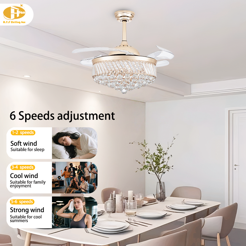 Luxury Crystal Ceiling Fan Light, Hidden Transparent Blades, 3Color Dimmable LED