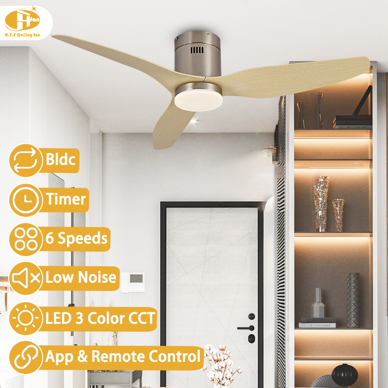 Brushed nickel flush-mount fan light with three pale wood-grain blades, pictured in an entryway illustration with control icons.