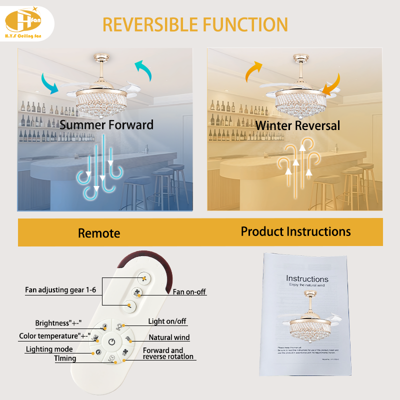 Luxury Crystal Ceiling Fan Light, Hidden Transparent Blades, 3Color Dimmable LED