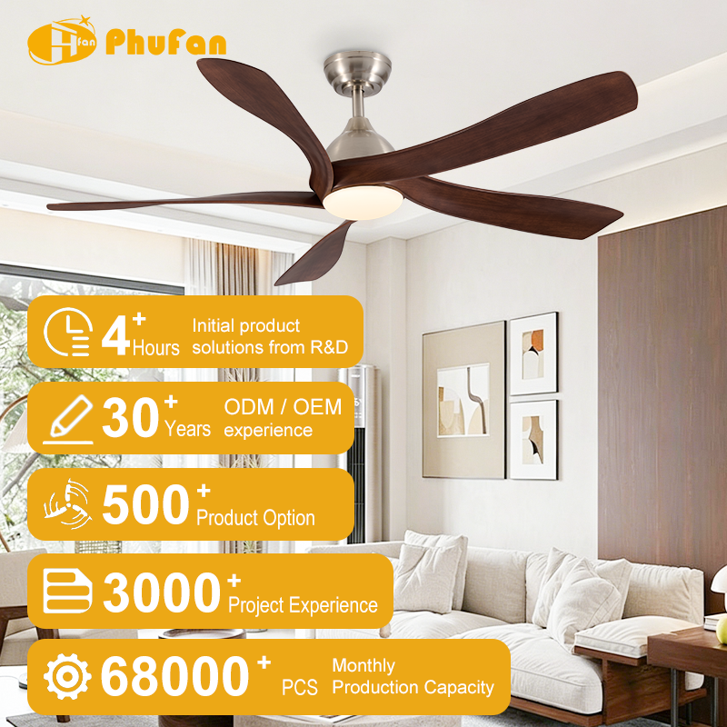 Vintage ceiling fan with light for living room, dark walnut-finish ABS blades and nickel housing above a sofa in an illustration.