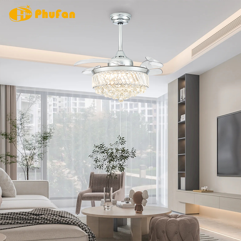 섬네일: Luxury Crystal Ceiling Fan Light, Hidden Transparent Blades, 3Color Dimmable LED