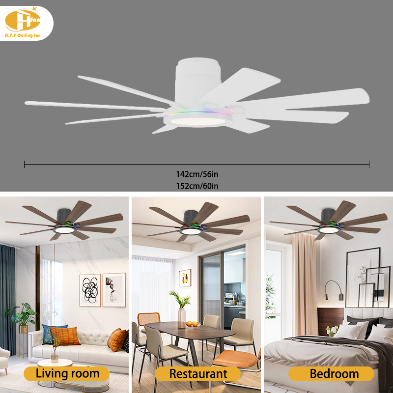 Large Flush Mount Ceiling Fan with RGB Light and Remote - 8 Blades