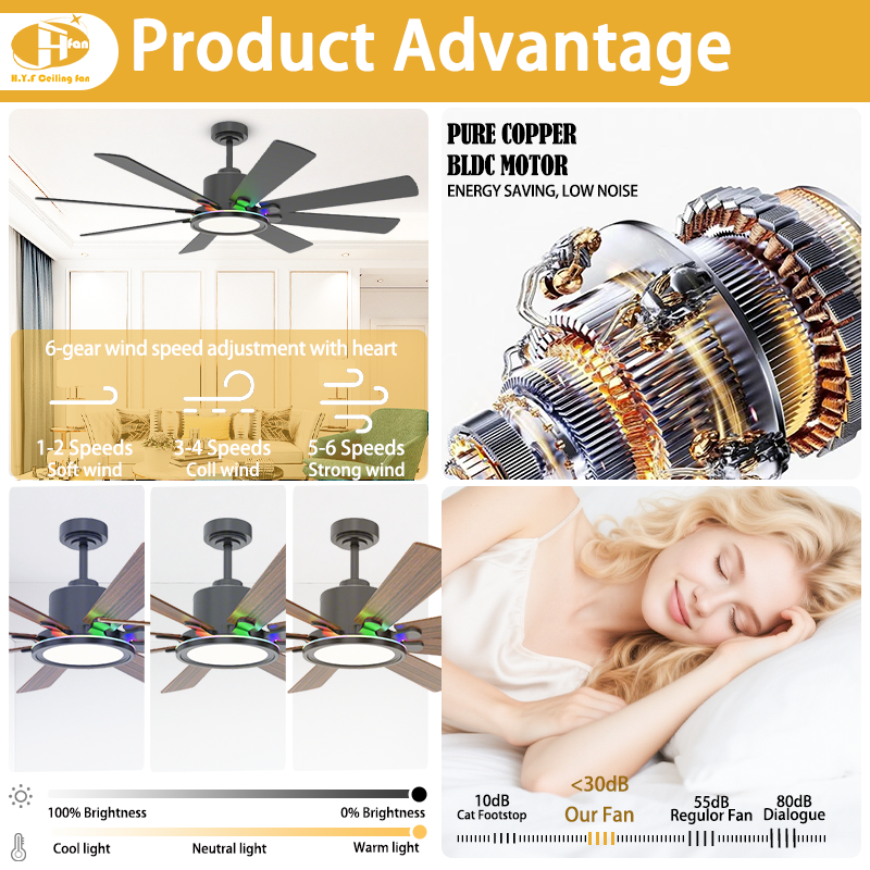 8-Blade Downrod Mount Ceiling Fan Reversible Wood Blades RGB Ambient LED Light