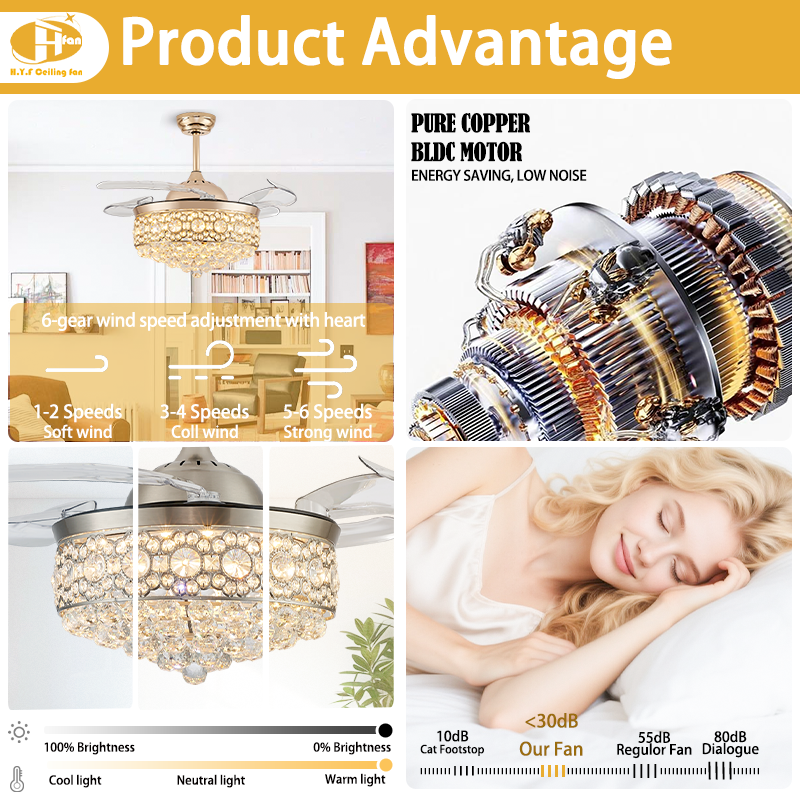 Luxury Crystal Ceiling Fan Light 3 Color Adjustable LED & Remote Control