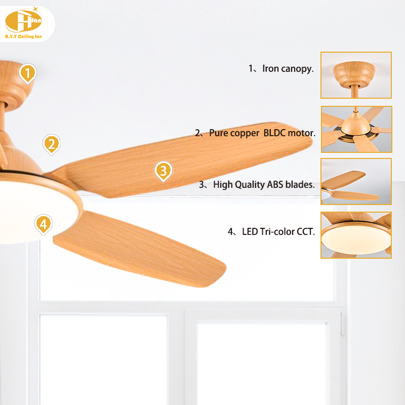 Wood Grain ABS Ceiling Fan with LED Light, Reversible & Remote Control for Villa