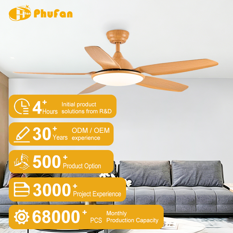 Scandinavian ceiling fan with light for living room, five wood-grain ABS blades and matching housing above a gray sofa.