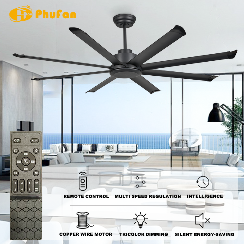 8-Blade Matte Black Large Ceiling Fan Without Light DC Motor & Remote Control