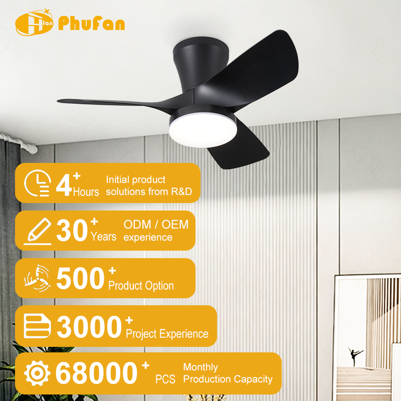 Flush mount black ceiling fan with light in a promotional living room illustration.